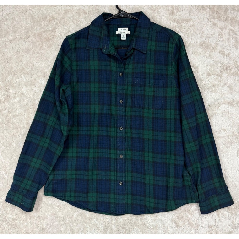 LL Bean Relaxed Fit Flannel Shirt Womens Medium Black Watch Plaid 100% Cotton